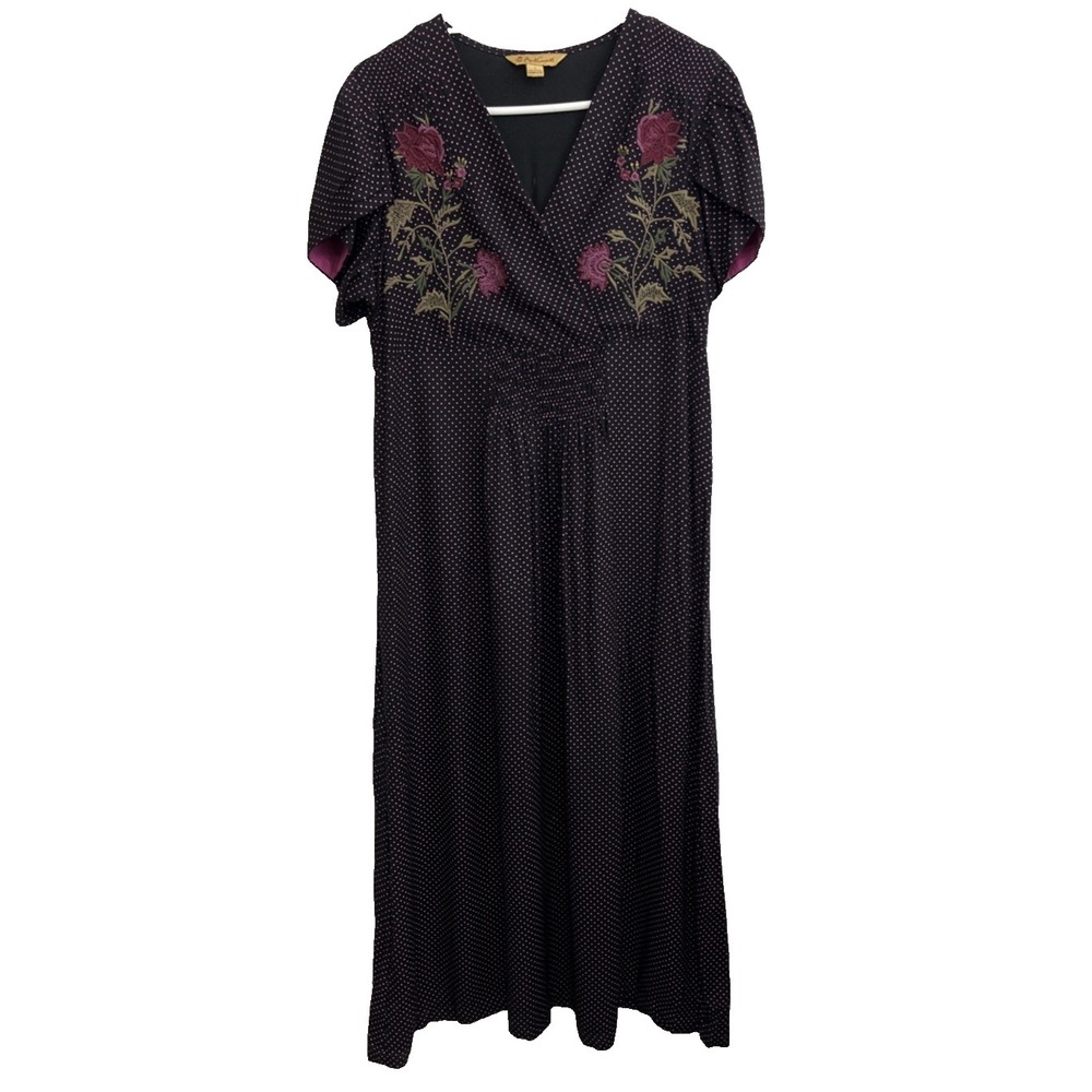 April Cornell Black Polka Dot Maxi Dress with Pink Floral Embroidery